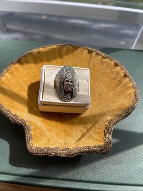 Vintage Silver and Turquoise-Tone Native Chief Ring